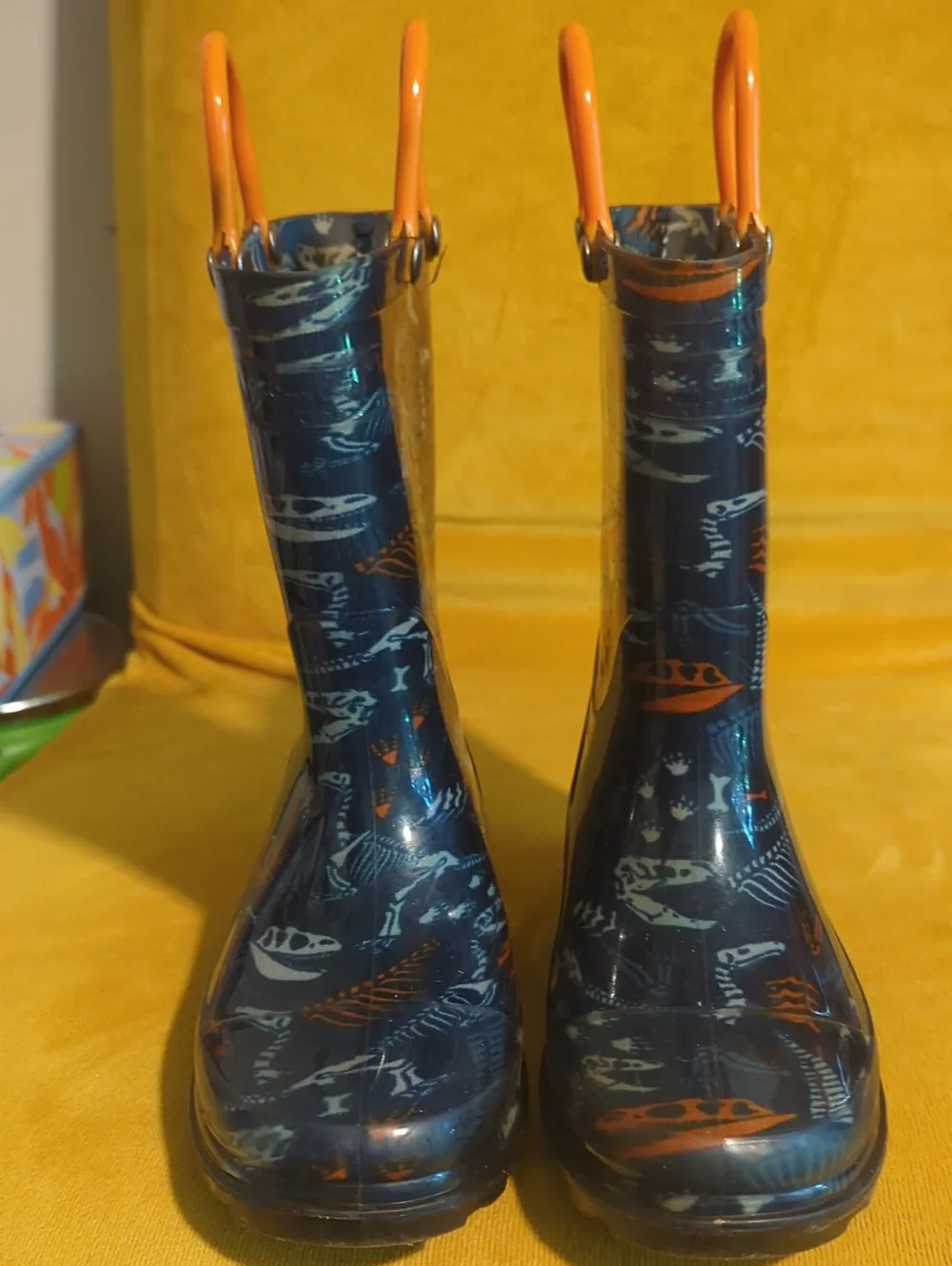 Kids Western Chief Waterproof Navy Dinosaur Rain Boots with Orange Handles Sz 10